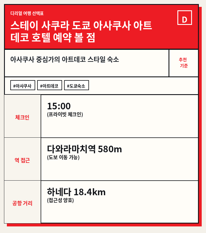 스테이 사쿠라 도쿄 아사쿠사 아트 데코 호텔 예약 볼 점